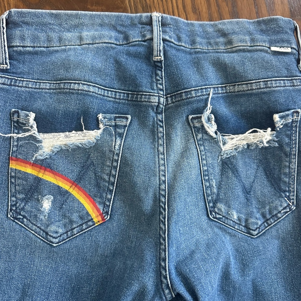 MOTHER High-Rise Distressed Blue Jeans with Rainbow Pocket Accent